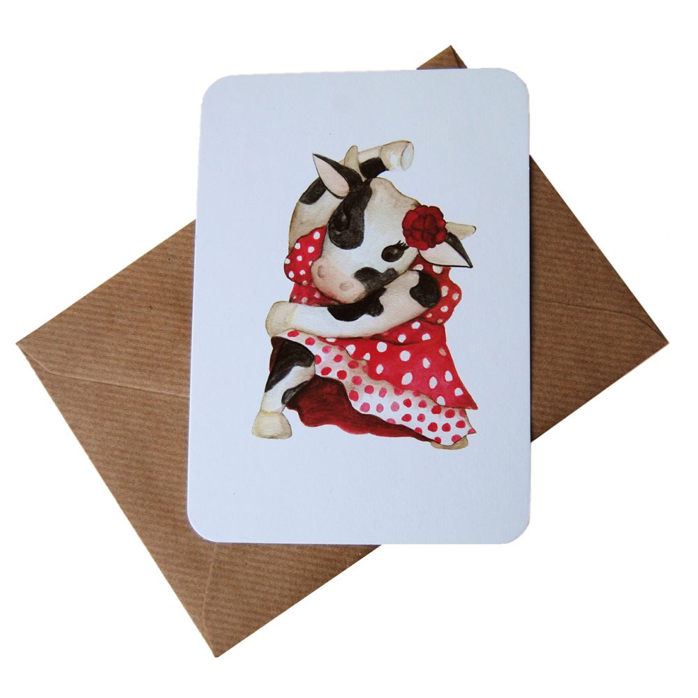 greeting card, flamenco, cow, dancer, ecofriendly
