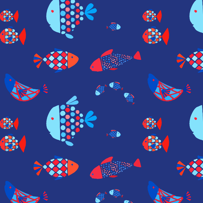 Print met vissen donkerblauwe achtergrond