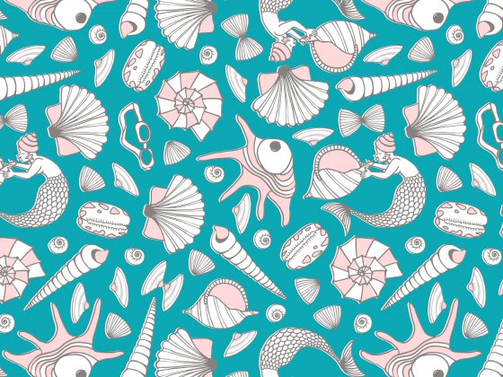 Print met zeemeermin en schelpen blauw en roze