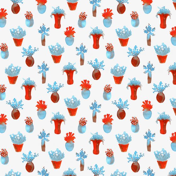 Print in rood en blauw met kamerplanten behangpapier of stof